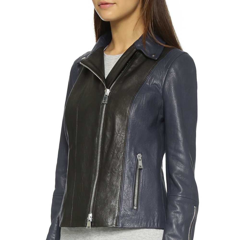 VINCE black and navy leather moto jacket